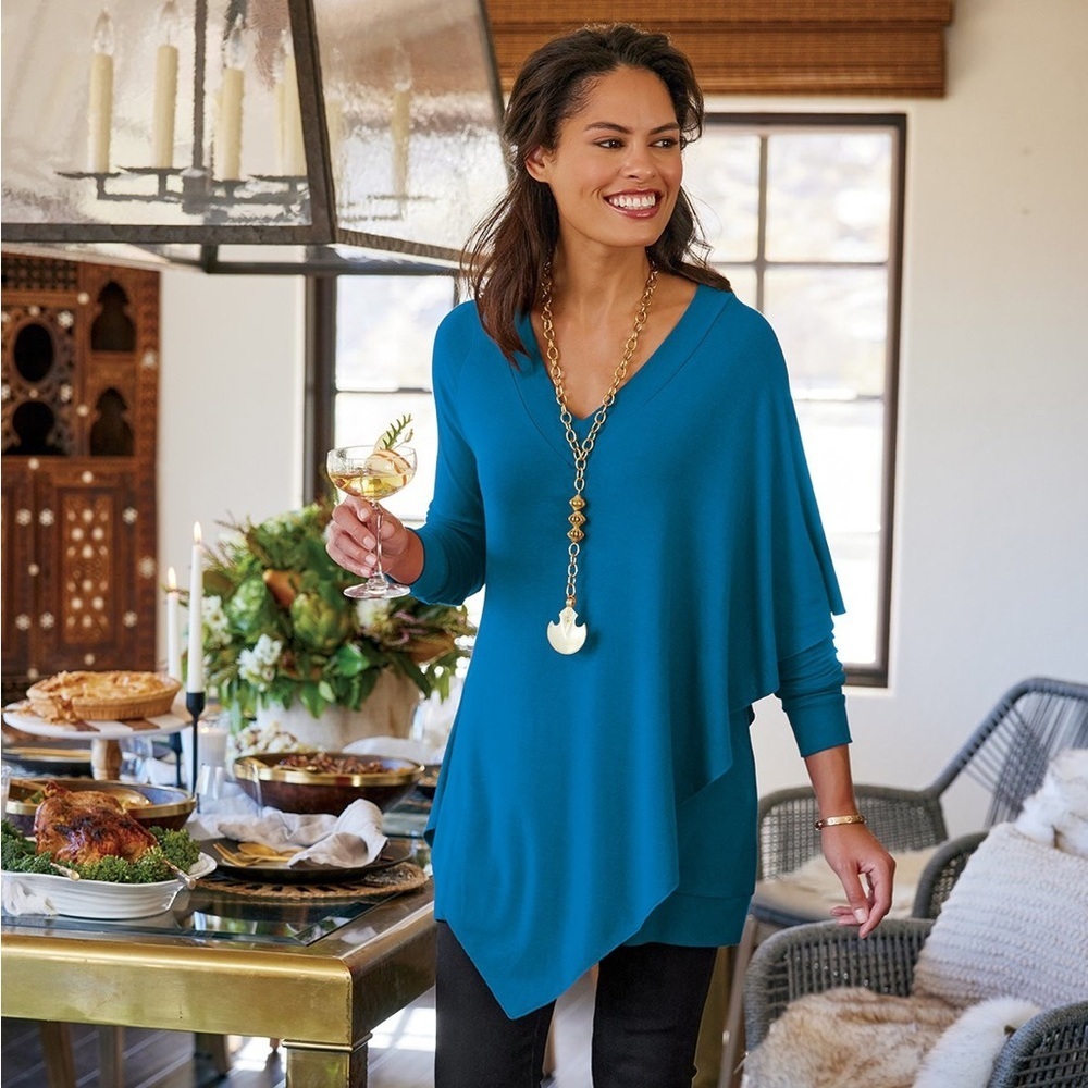 Soft Surroundings‎ Madeline Asymmetrical Tunic in Mykonos Blue, SZ L EUC